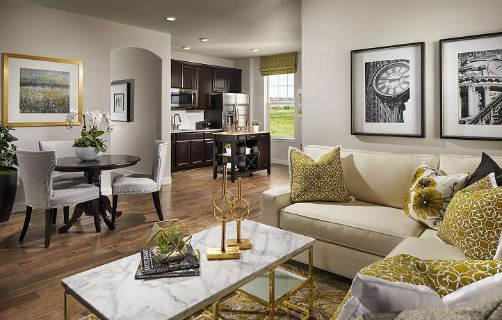 Open living and dining area with kitchenette in a Sterling Ranch model home