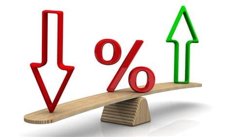 interest rate buy down red arrow and a green arrow