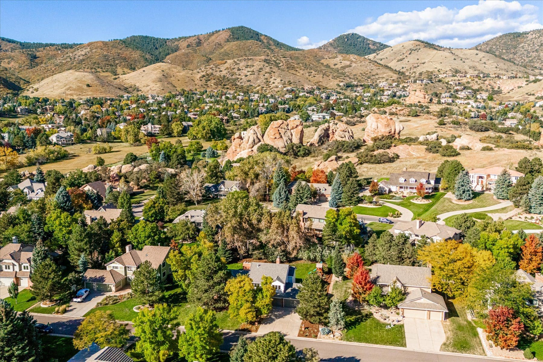 Aerial drone view of an established Littleton Colorado home and neighborhood