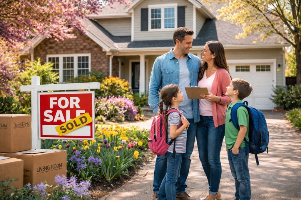 Parents and two kids wearing backpacks outside a house with a sold for-sale sign